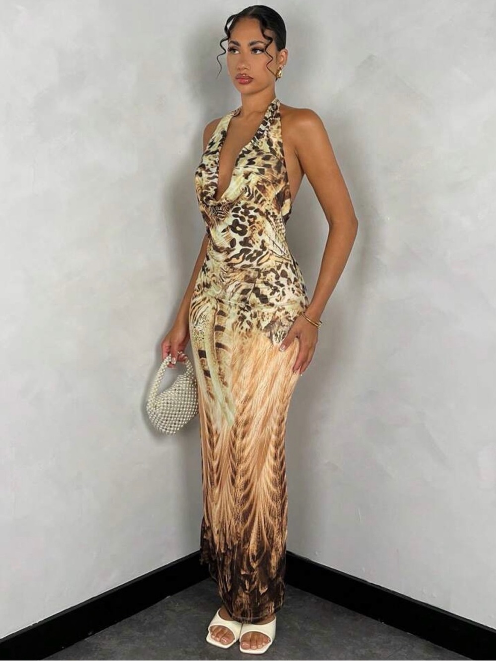 Leopard-Print Halter Maxi Dress in Brown